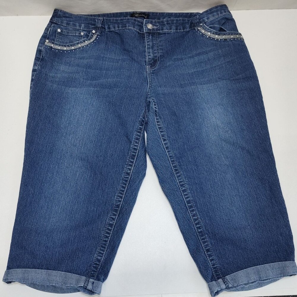 Baccini Capris 18W Denim Jeans Rhinestone & Stud Embellished Pockets Cuffed Hem